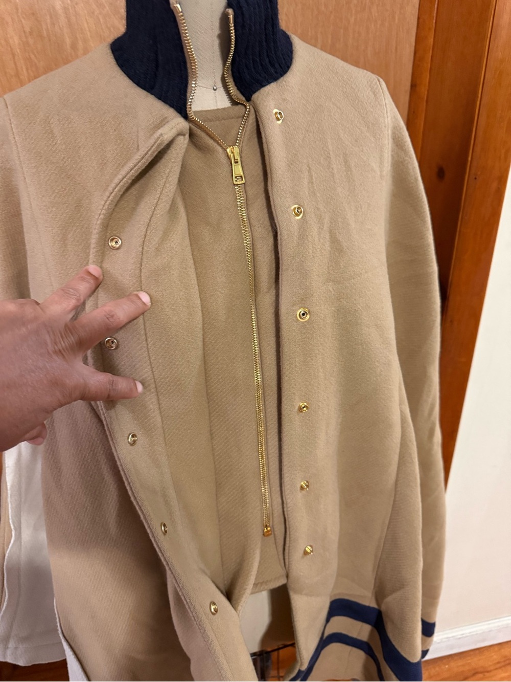 CHLOE women’s Tan Cape Jacket with Navy Trim - Picture 4 of 12